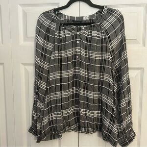 Lucky Brand Plaid Grey and White Button Long Sleeve Blouse Top Extra Large